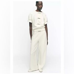 NWT Zara Buckle Wide Leg Knit Pants Cream Small